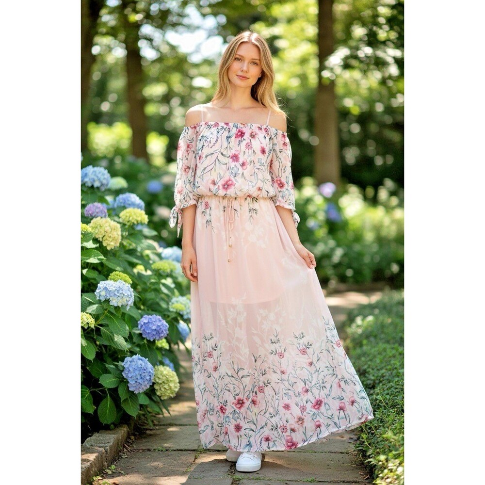 Jodi Kristopher NEW floral sheer maxi off shoulder Small summer party cottagecor